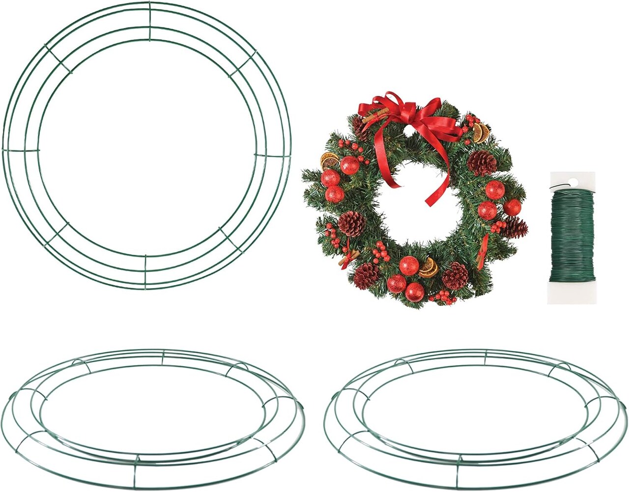 Wire Wreath Frame, 3 Pack 12" Ring Round Metal DIY Floral, Decorations Wire Wreath with Green Craft Wire, Home Decorations
